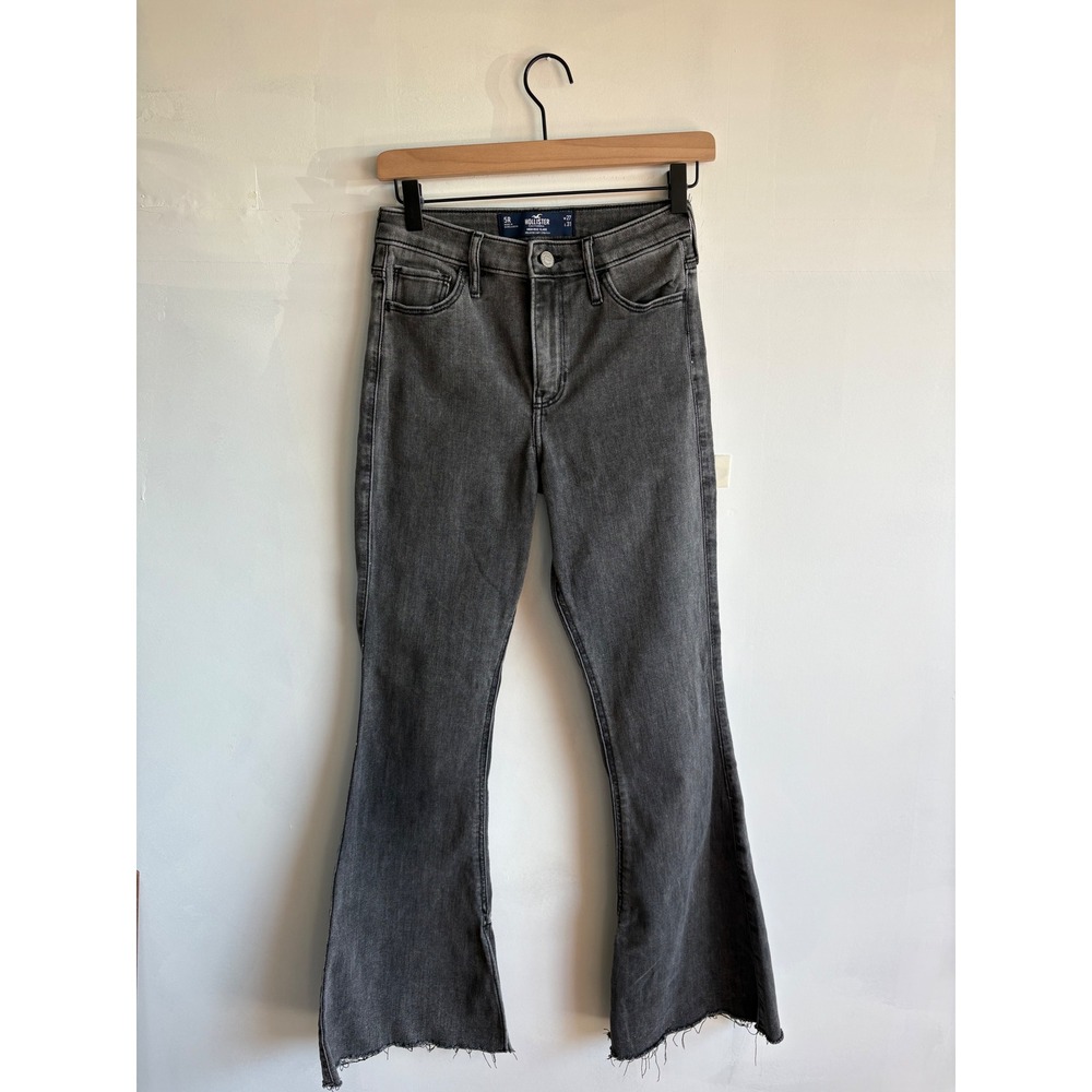 Hollister 90's High Rise Flare Jeans Washed Black Grey Raw Hem Side Slit 5R W27